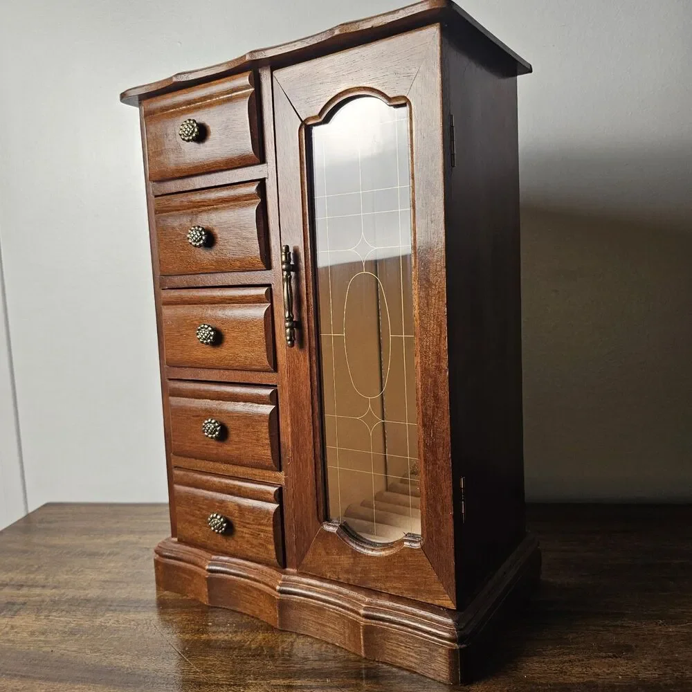 Vintage Wooden Jewelry Armoire 5 Drawer Mirrored Glass Door Jewelry Organizer